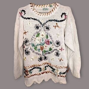 Vtg Colleen Collectible Womens Sweater Sz Large Handknit Cream Floral 80s Granny